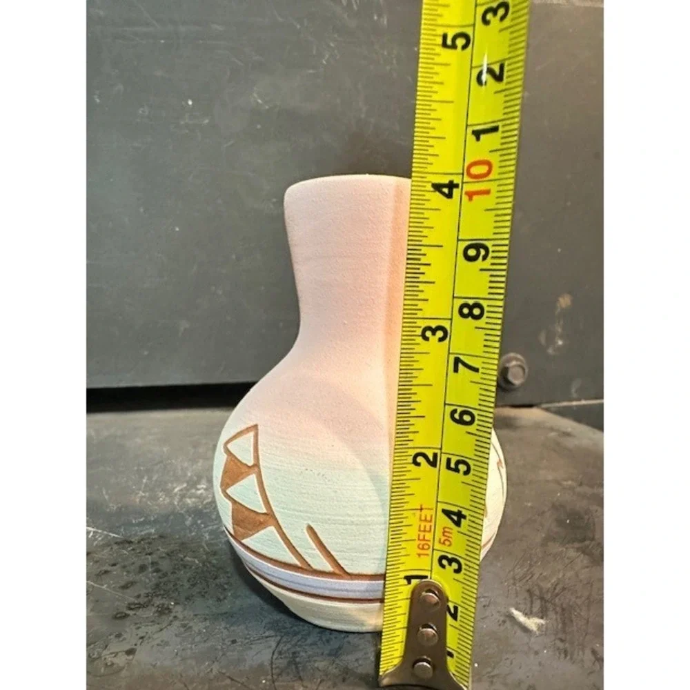 Sun Fox Southwestern Pottery Bud Vase Hand Etched Pink Yellow Geometric 4.5 Inch